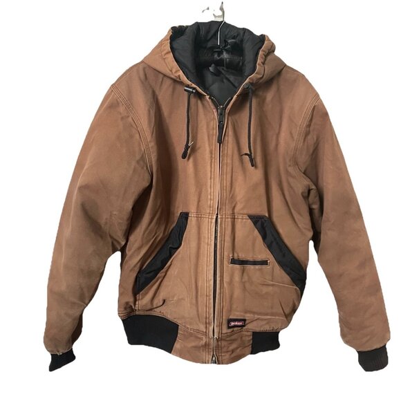 Y2K Dickies Canvas Hoodie Jacket Mens Tan Brown Distressed Utility 90s Workwear - Picture 1 of 12